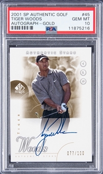 2001 SP Authentic Golf "Authentic Stars" Autograph Gold #45 Tiger Woods Signed Rookie Card (#077/100) – PSA GEM MT 10
